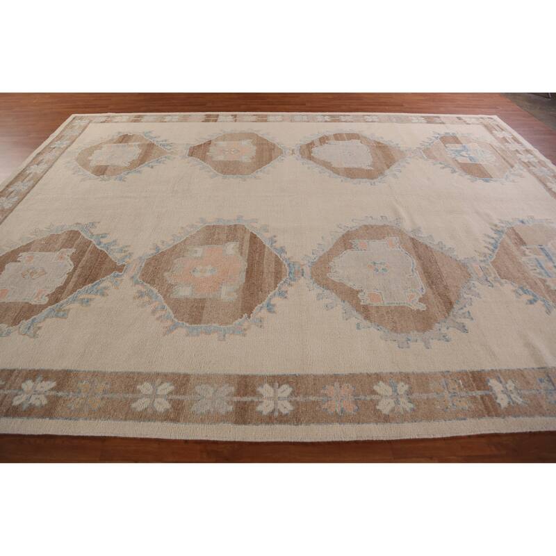 Hand Knotted Oriental 100% Wool Carpet Transitional Geometric Beige & Ivories Oushak Area Rug - 13' 6'' X 10' 3''