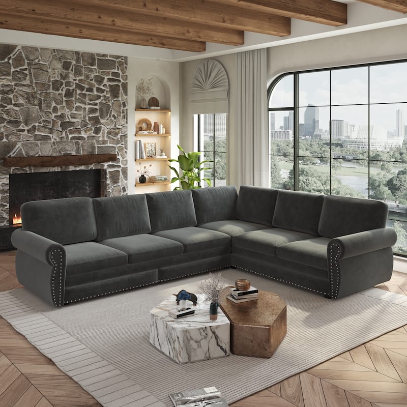 L-Shaped Sectional Sofa with Pull-Out Bed, Oversize Convertible Sleeper Sofa with Rolled Arms, Chenille Upholstery