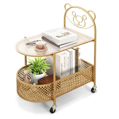 Gymax 2-Tier Mobile Glass Coffee Table w/ Bear Pattern Storage Basket
