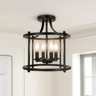 4-light Lantern Semi Flush Mount - 12" Cage, Farmhouse Matte Black ...