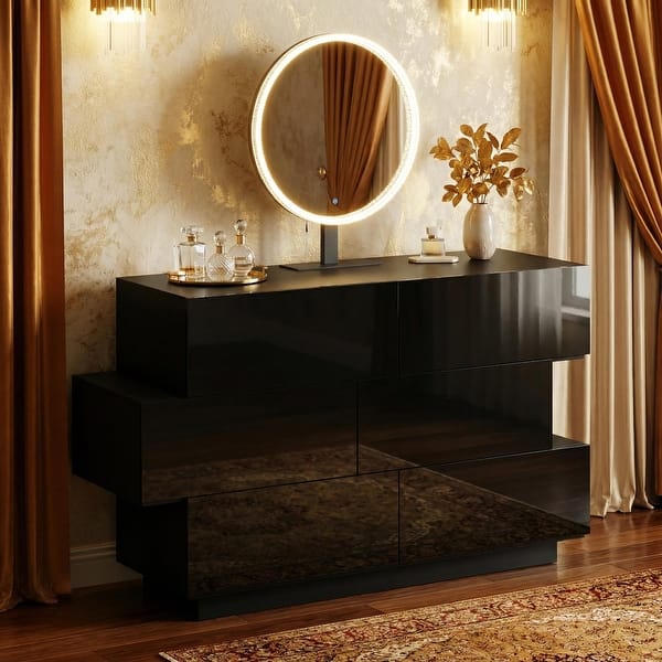 black dresser vanity LED Mirror with Set, Modern Storage Cabinet with Drawers, Dimmable Round Mirror Bedroom Makeup Table - Bed Bath & Beyond hideuk-PDPTAG1 Get What You Want US Size:14 keeping your space neat