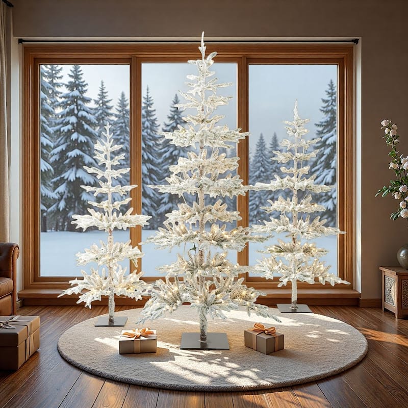 Glitzhome 6/7/9 FT Pre-Lit Flocked Slim Snowscape Fir Artificial Christmas Trees 2 or 3-Piece Set - 6 & 7 & 9 FT
