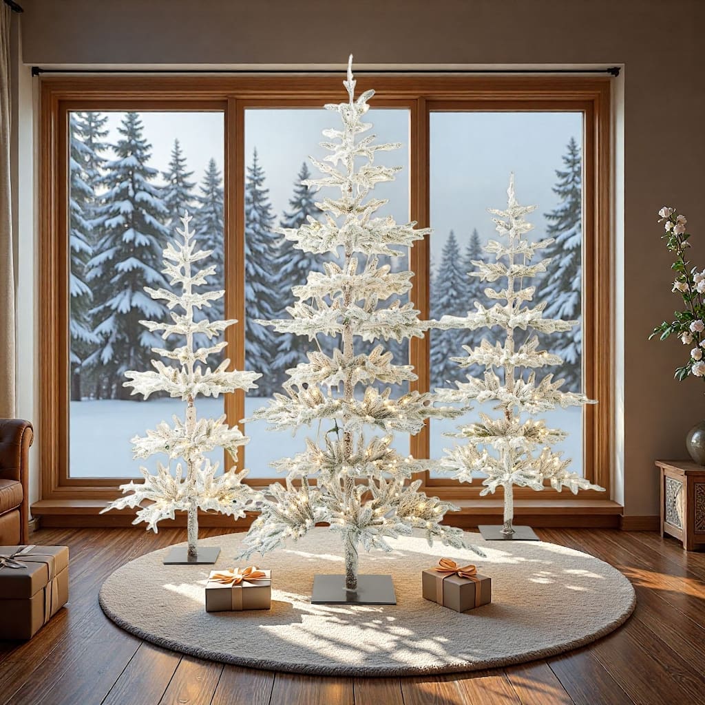 Glitzhome 6/7/9 FT Pre-Lit Flocked Slim Snowscape Fir Artificial Christmas Trees 2 or 3-Piece Set