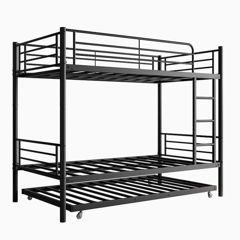 Twin Bunk Bed with Trundle Metal Bunkbeds with Ladder and Full-Length Guardrail,Noise Free,No Box Spring Needed,Black