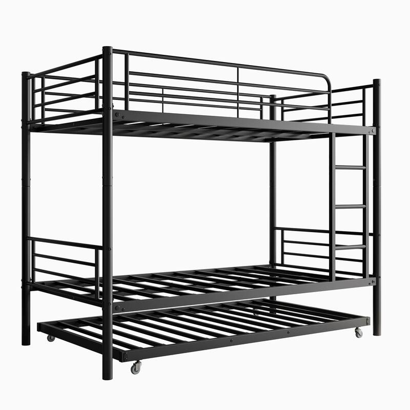 Twin Size Metal Bunk Bed with Trundle, Ladder and Full-Length Guardrail, Noise Free