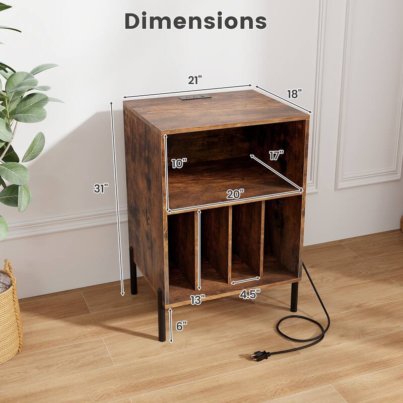 Gymax Record Player Stand w/Charging Station 5 Storage Compartments