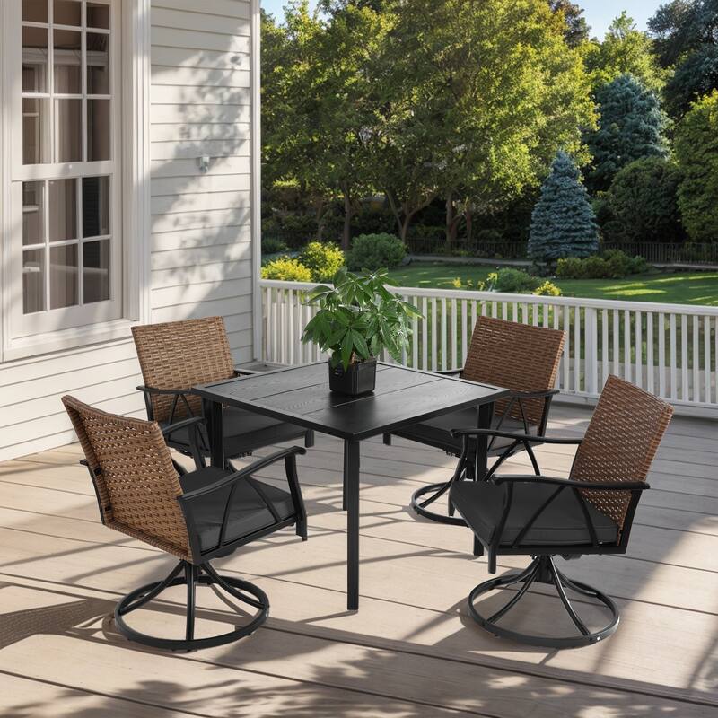 5 Piece Patio Dining Set for 4 with 4 Cushions Swivel Rocker Chairs, Steel Table Top, Removable Cushions for Backyard - Brown