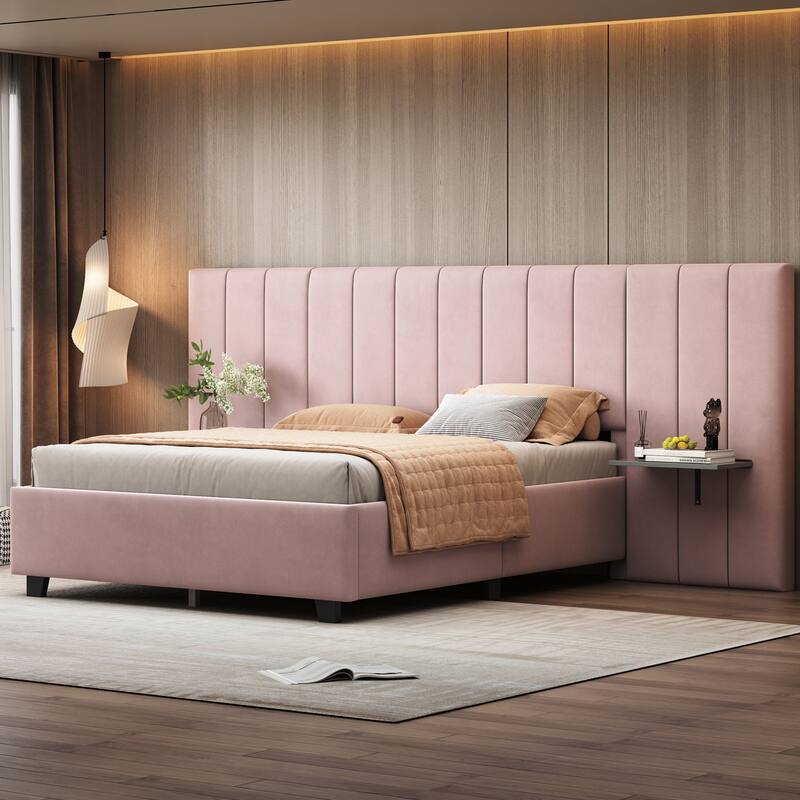 Upholstered Platform Bed with Soft Oversized Headboard and Storage Shelves