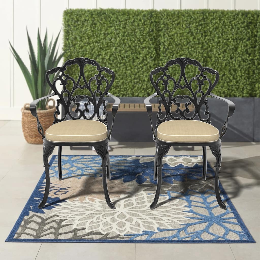 Cast Aluminum Patio Dining Chair 2PCS With Black Frame and Beige Cushions