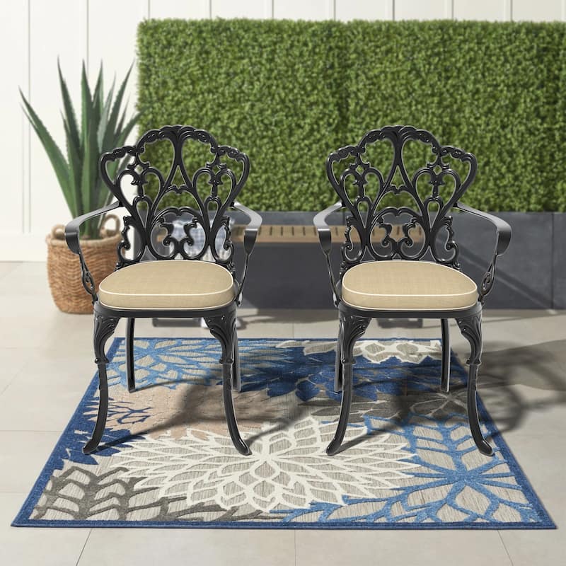 Cast Aluminum Patio Dining Chair 2PCS With Black Frame and Beige Cushions - Black