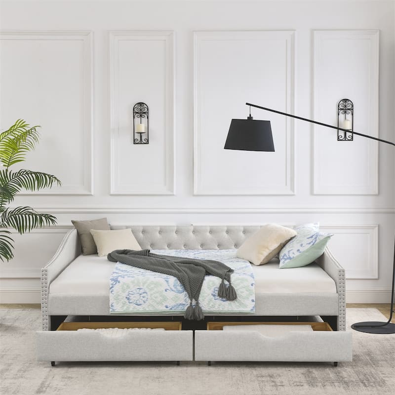 Queen Size Upholstered Tufted Daybed with Drawers and Button on Back - Beige