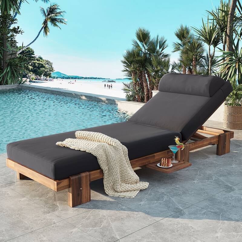 78.8"Patio Chaise Lounge Chair, Acacia Wood Adjustable Recliner with Headrest and Retractable Side Tray - Dark Gray