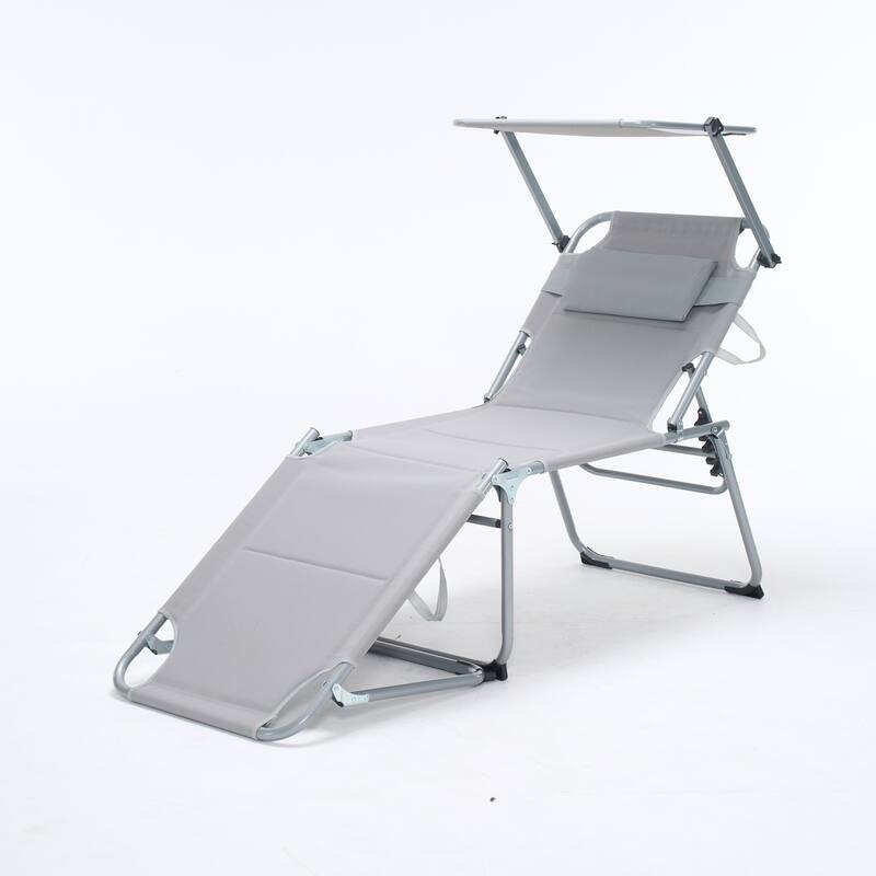 olding Lounge Chair with Canopy, Patio Sun Tanning Chair, Outdoor Reclining Chair with Position Adjustable Backrest for Beach - Gray