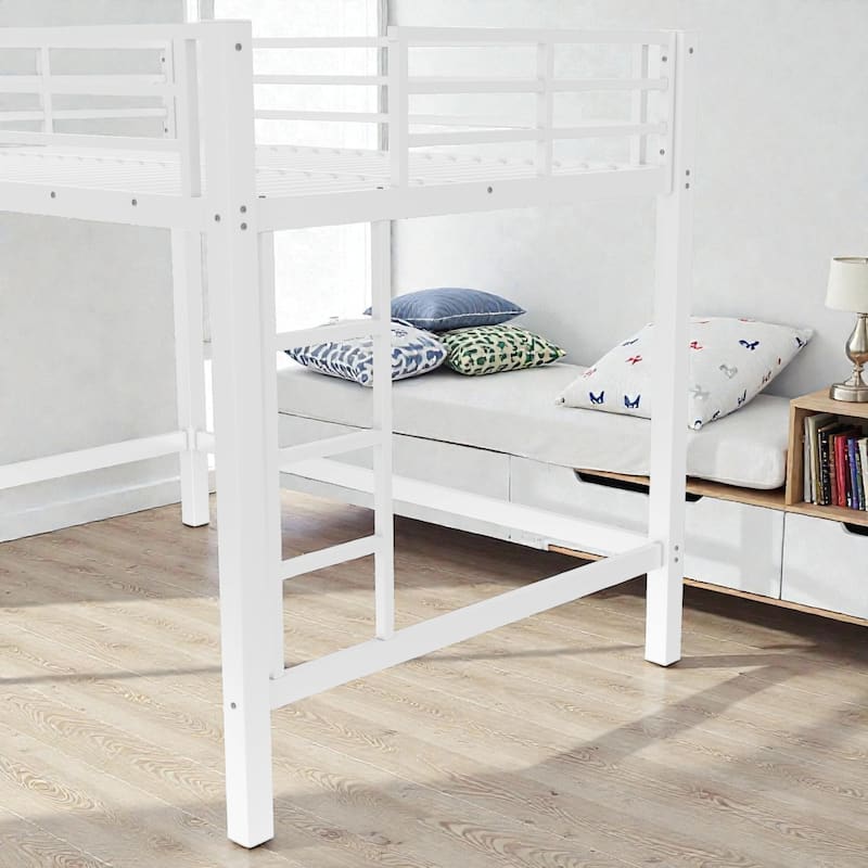 Metal Loft Bed with Dual Ladders and Guardrails, Space Saving Loft Bed for Dorm or Bedroom