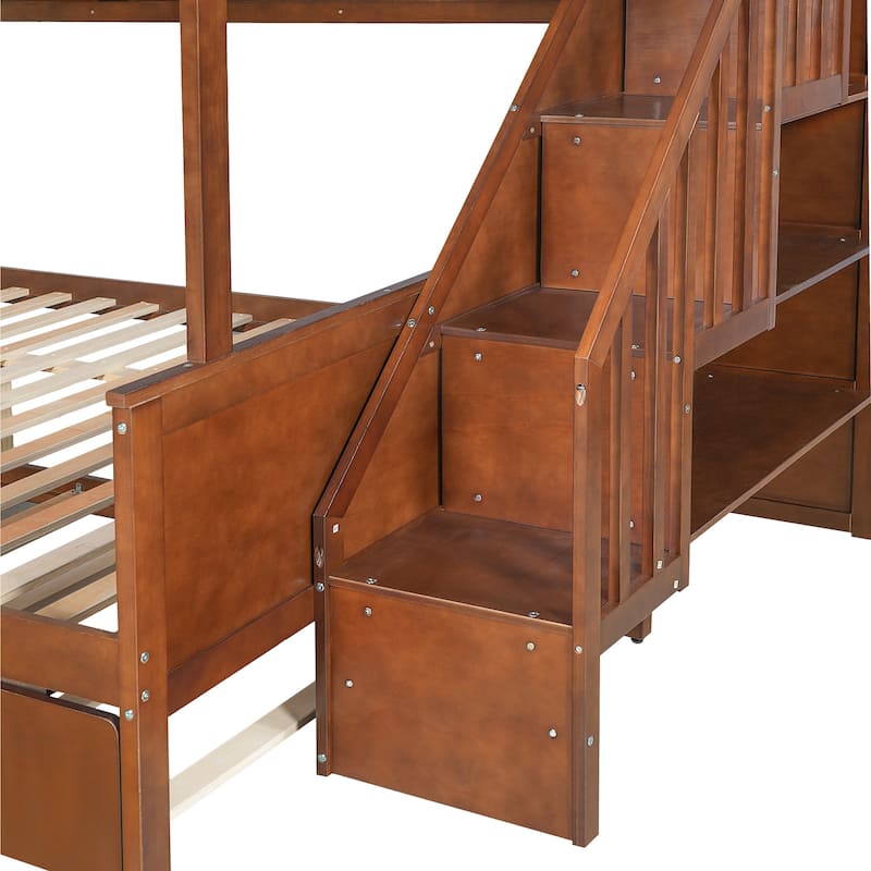 Full XL Over Queen Bunk Bed with Staircase Storage, Underbed Trundle, Open Shelf & LED Light by Harper&Bright Designs