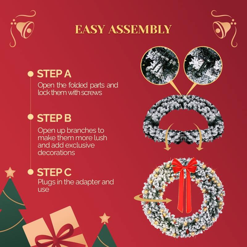 Pre-lit Snow Flocked Christmas Wreath, Lighted Artificial Xmas Wreath with Lights and DIY Ornaments, for Xmas Party Decorations