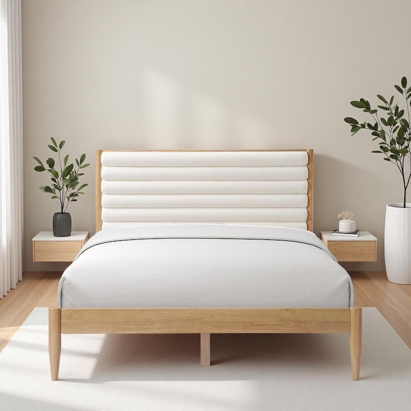 Solid Wood Bed Frame Queen Size Platform Bed with Upholstered Headboard & Tapered Legs