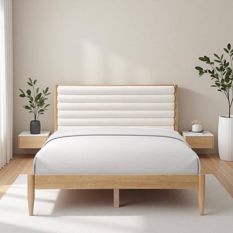 Wood Bed Frame with Upholstered Headboard Queen Size Platform with Slat Support Mattress Foundation No Box Spring Needed,Ivory