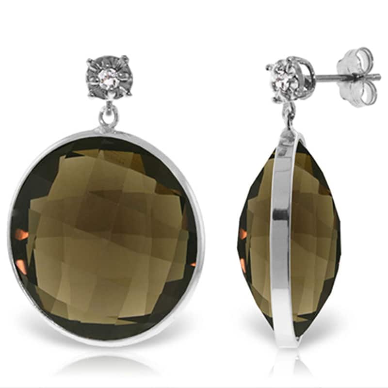 14K Solid Gold Diamonds Stud Earrings w/ Checkerboard Cut Smoky Quartz - White