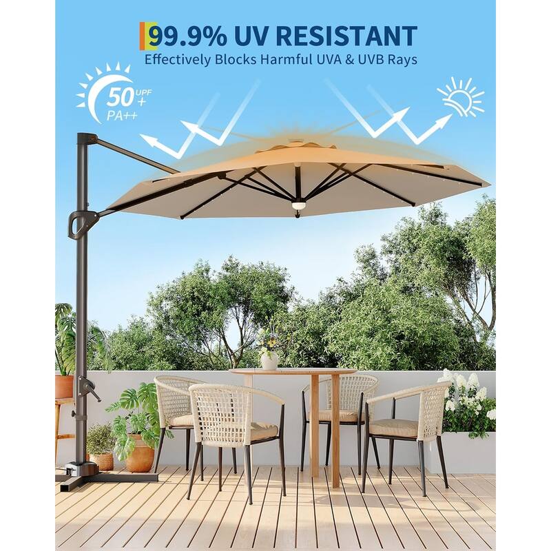 10FT Outdoor Cantilever Umbrella Patio Umbrella Solar LED with Base Included, 360-Degree Rotation