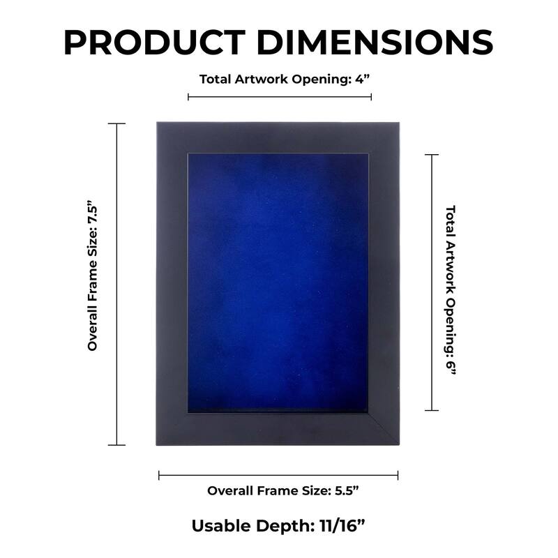4x6 Shadow Box Frame Black Wood | With a 3/4" Usable Display Depth | Includes a Royal Blue Real Suede Texture Acid-Free Backing