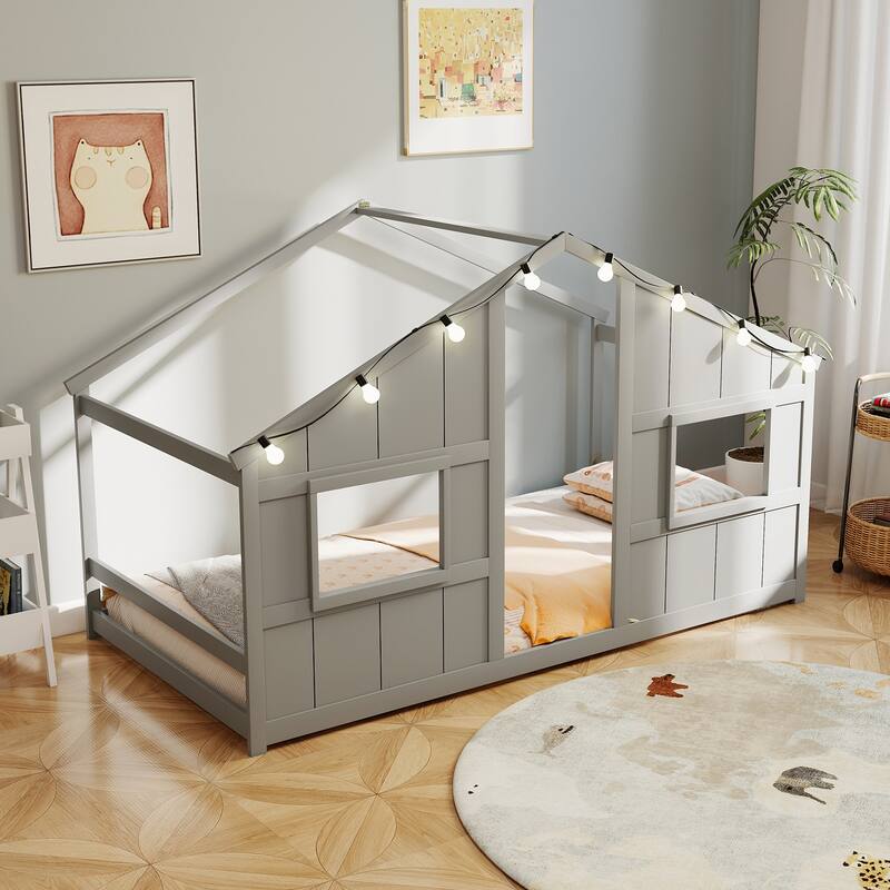 Twin Size Kids Floor Bed with LED Lights and Solid Wooden Montessori House Design