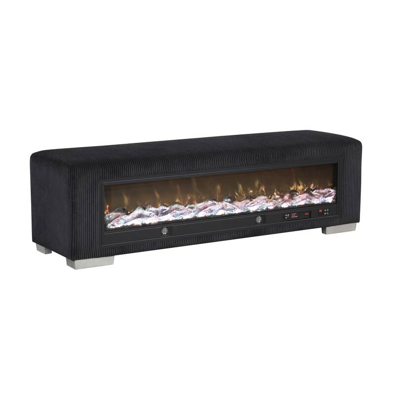 Furniture of America Goffney Chenille Bench with Fireplace Simulator and Bluetooth Audio