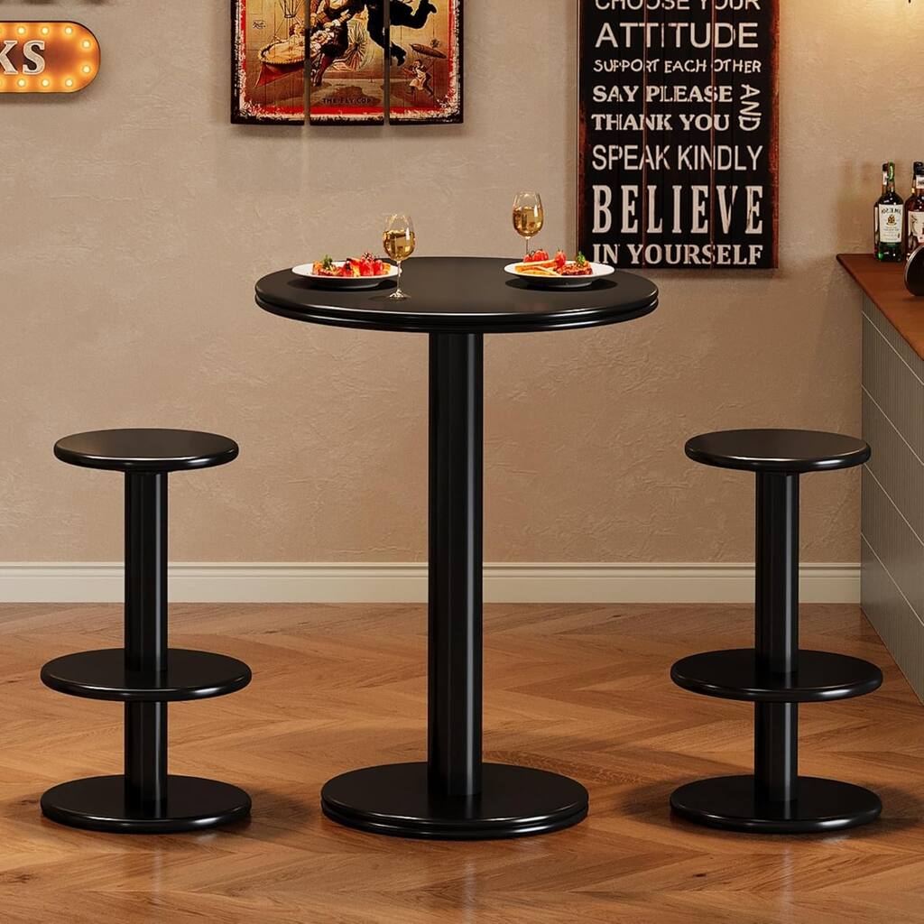 39.4" H Round Bar Table and Chairs Set, Modern Pub Table with 2 Barstools - 29.5" L × 29.5" W × 39.4" H