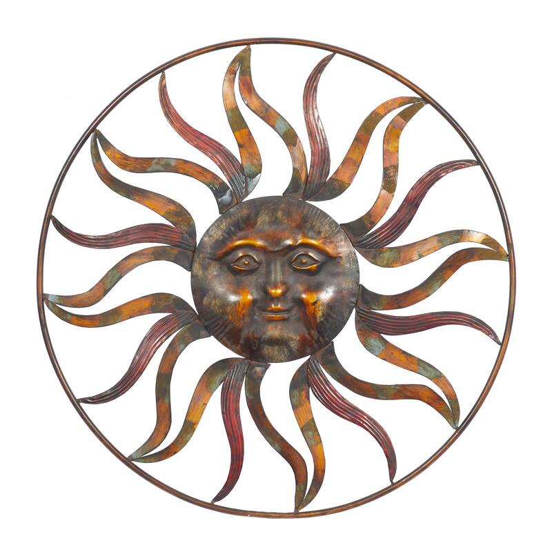 Brown Metal Indoor Outdoor Sun Home Wall Decor with Colorful Painted Accents