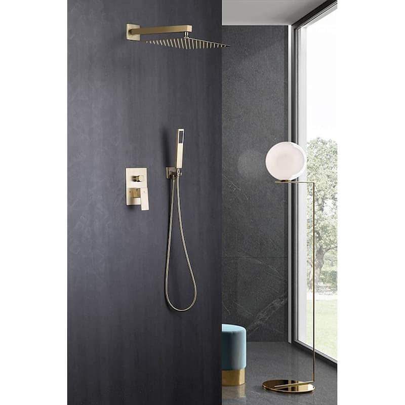 brushed gold wall mount 12 inch rain head 2 way shower faucet with handle sprayer - 7'6" x 10'9"