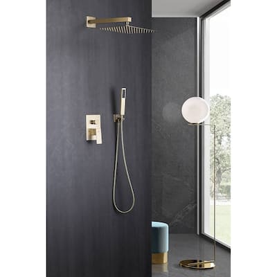 brushed gold wall mount 12 inch rain head 2 way shower faucet with handle sprayer - 7'6" x 10'9"