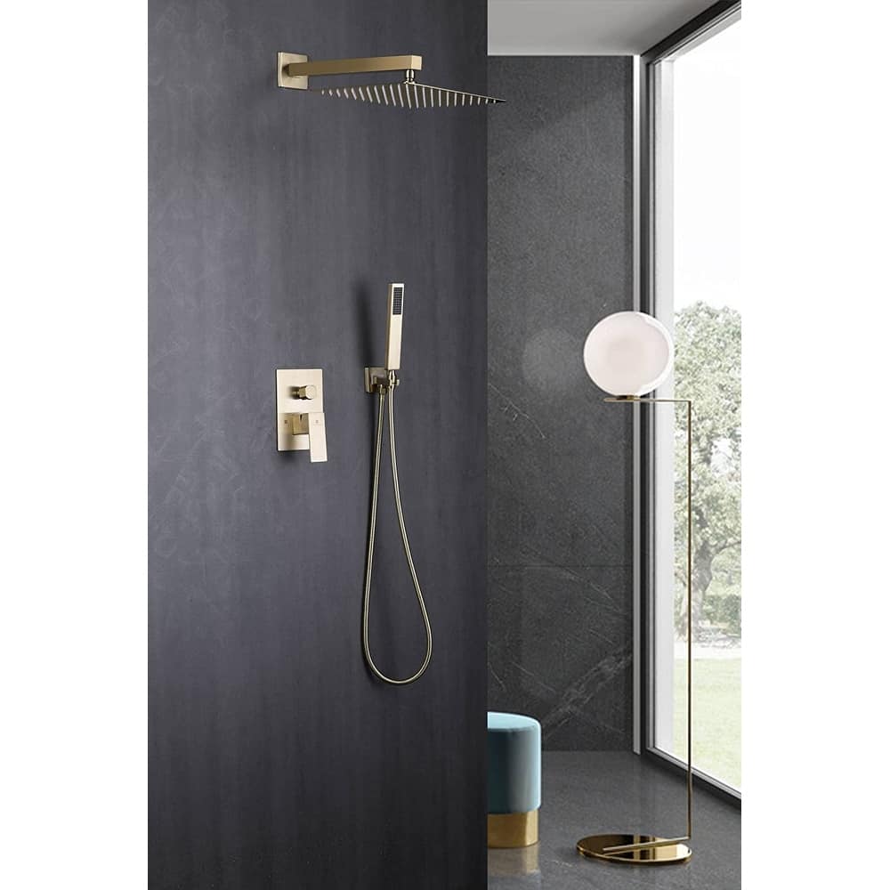 brushed gold wall mount 12 inch rain head 2 way shower faucet with handle sprayer - 7'6" x 10'9"