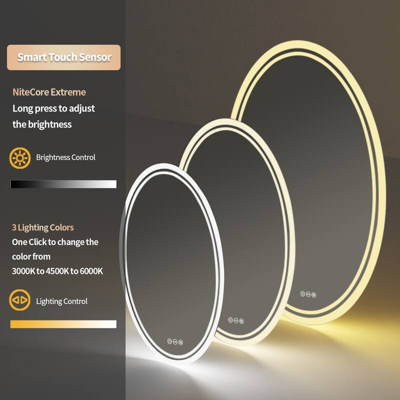 31.5” Oval Wall Backlit Bathroom Mirror Dimmable Makeup Mirror with 3 Lights, Anti-fog - 600x800mm