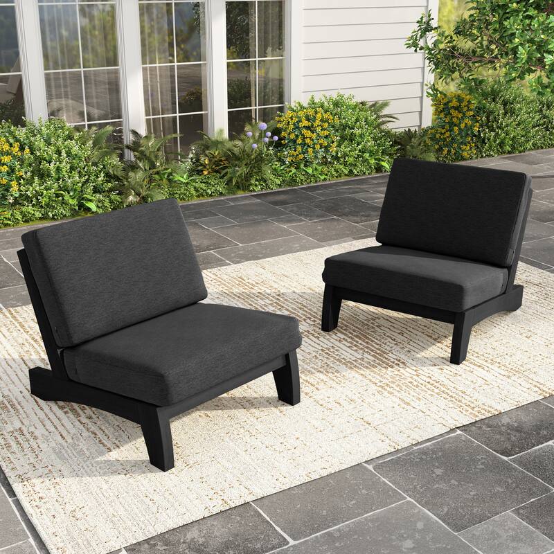 Set of 2 Patio Teak Wood Outdoor Club Chair with Cushions - Dark Wood - Dark Grey