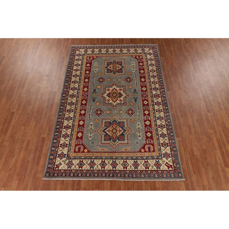 Geometric Grey Kazak Area Rug Handmade Bedroom Wool Carpet - 6'10" x 10'3"