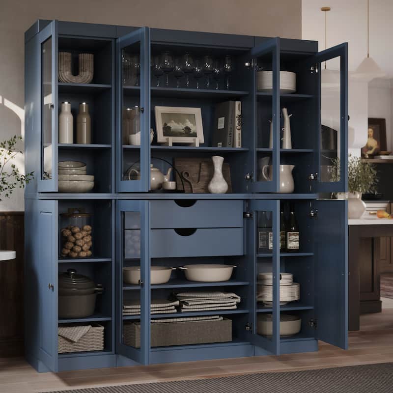 Palace Imports 100% Solid Wood Kitchen China Cabinet Pantry with Glass or Solid Wood Doors and 2-Drawer Kit - 65" x 71.5" - Antique Blue - Clear Glass-Solid