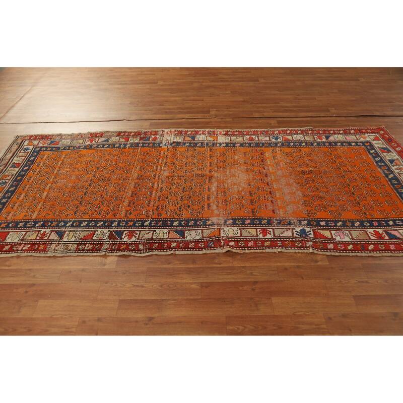 Hand Knotted Oriental 100% Wool Carpet Traditional Geometric Oranges & Rust Caucasian Runner Rug - 9' 3'' X 4' 0''