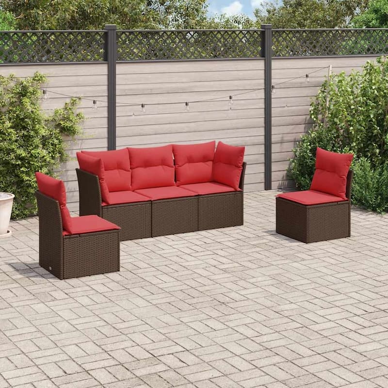 vidaXL 5/6 Piece Patio Sofa Set with Cushions Brown/Gray Poly Rattan - 24.4 x 24.4 x 27.2 - Brown and red Without table