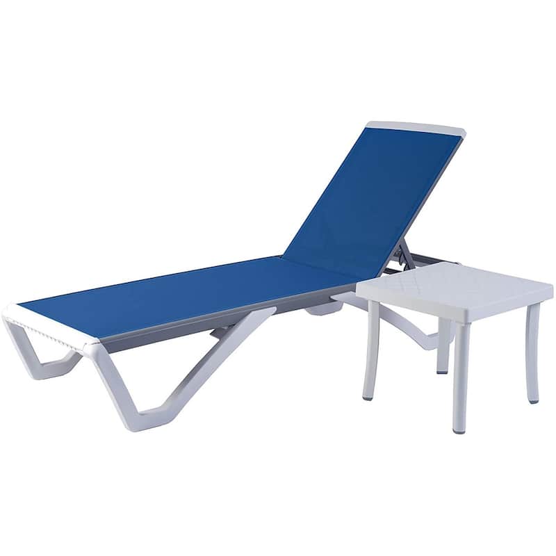 Kozyard Alan Full Flat Aluminum and Polypropylene Resin Legs Patio Reclining Adjustable Chaise Lounge - Blue with Table
