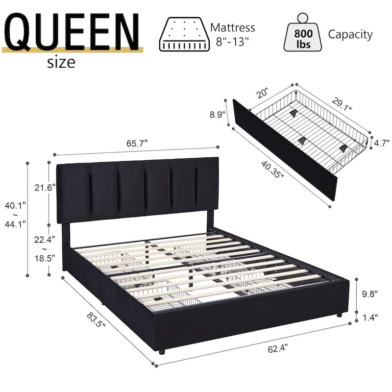 Javlergo Bed Frame with Storage Drawers, Upholstered Platform Bed Frame with Adjustable Headboard