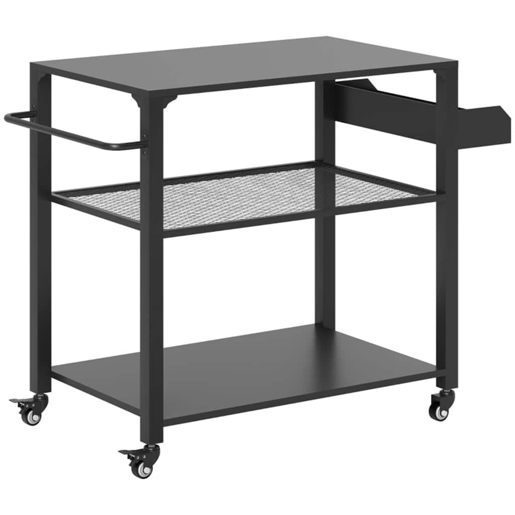 Black Metal and Steel Grill Cart with Side Storage, Grid Tray, Bottom Shelf, and Swivel Casters - 41.3" W x 19.7" D x 31.1" H