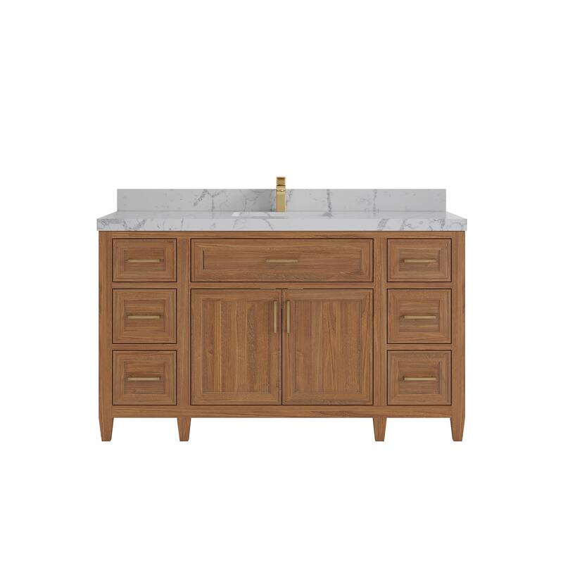 Willow Collections 60 in. W x 22 in. D Santa Monica Teak Single Sink Bathroom Vanity with Countertop - 2”Venatino - Dark Natural