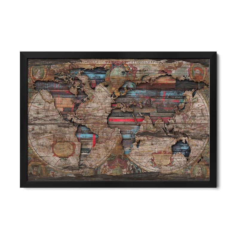 Distressed World Map Premium Framed Poster by Diego Tirigall - Black - 32x24x1
