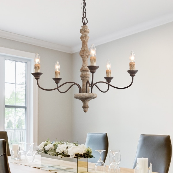 The Gray Barn Antique 5-lights Candle Wood Chandelier French Country Handmade Lighting - D23"XH24.5". Opens flyout.