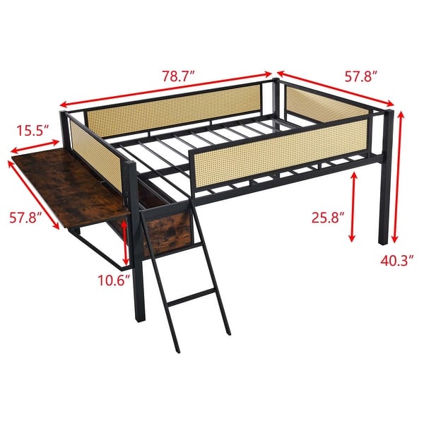 dimension image slide 1 of 2, Stylish & Simple Single Full metal loft bed with rectangular desk, LED lights, storage shelves, safety guard and ladder, Brown