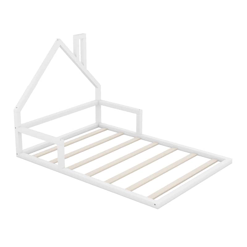 Full Size House Headboard Floor Bed, No Box Spring Needed, Durable Wood Frame