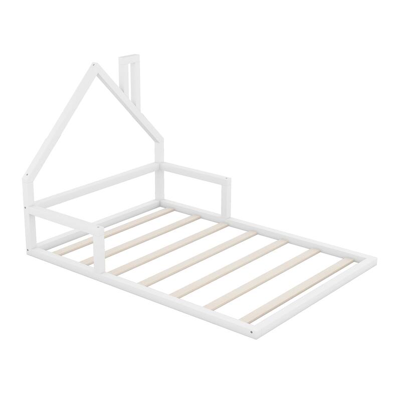 Wooden House Bed Frame with Slat Support, Solid Pine Kids Floor Bed with House Shaped Headboard