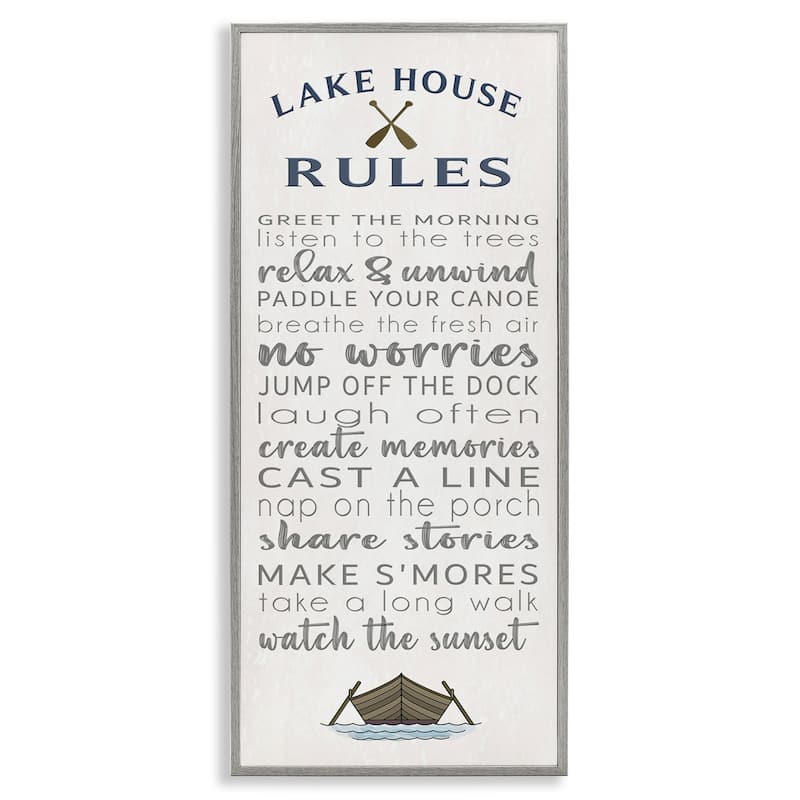 Stupell Fun Lake House Rules Framed Giclee Art Design By Seven Trees Design - 10 x 24 - Grey