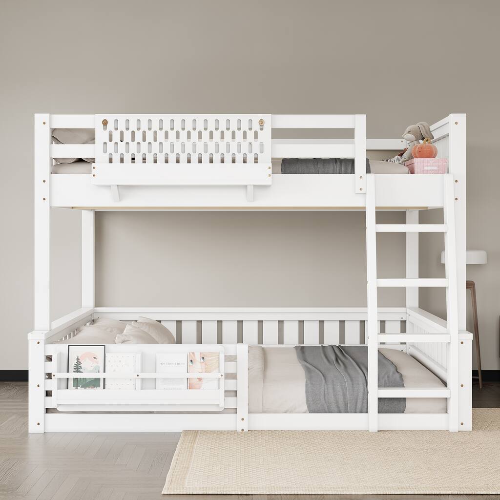 Full XL over Queen/Full over Queen Bunk Bed with Ladder and Guardrails, Pegboard and bookshelf, White
