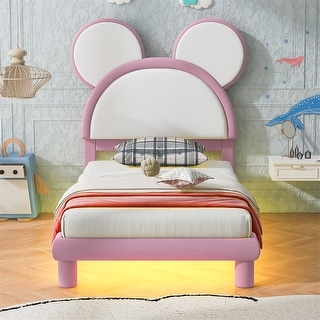 Twin Size Upholstered Platform Bed with Cartoon Ears Shaped Headboard
